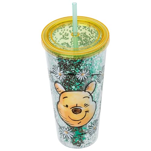 Image of Silver Buffalo Disney Winnie the Pooh Flowers, Plastic Cold Cup, 32oz | Confetti, Includes Lid and Straw, 0.95 Liters