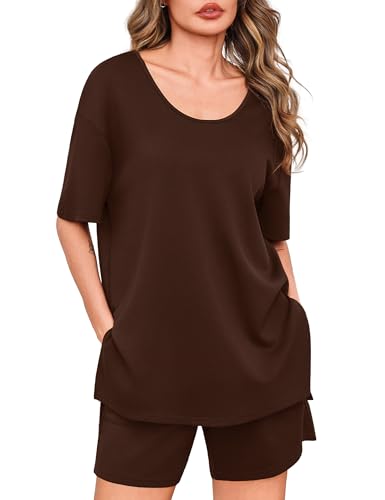 Totatuit Summer 2 Piece Sets for Women Oversized Scoop Neck Top and Shorts Lounge Set Casual Tracksuit Airport Outfit with Side Pockets Brown Medium