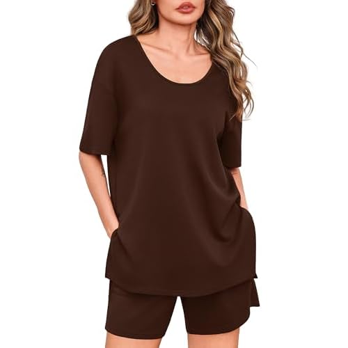 Totatuit Women Short Sets 2 Piece Lounge Set Summer Oversized Shirts Bottom 2026 Matching Travel Outfit Clothes Brown X-Large
