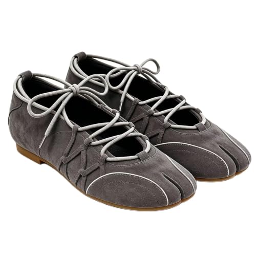 Agodor Women's Dark Grey Split Toe Ballet Flats with Crisscross Strap,Lace Up Mary Jane Tabi Shoes Women, Comfortable Faux Suede Flats Dress Shoes for Daily Wedding Party Casual Wear US10