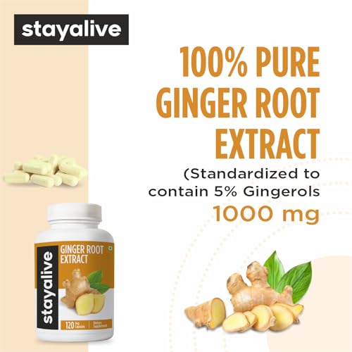 Image of StayAlive Pure Ginger Root Extract 10,000mg with 5% Gingerols, 120 Ginger Root Capsules for Nausea, Immunity and Digestive Health, 10:1 Super Extract Powder, Non-GMO and Gluten-Free Ginger Supplement