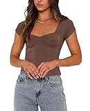 Women Summer Short Sleeve Top Y2K Square Neck Shirt Tee Basic Cute Slim Fitted Crop Top Blouse(B-Brown,S)