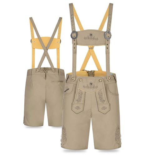 Steigenhöfer Manufaktur Kurze Trachten Softshell Hose mit Träger im Lederhosen Look - Lukas - Lederhose Herren Tracht - Wasser- und windabweisend mit Trägern für Oktoberfest - Beige - 58