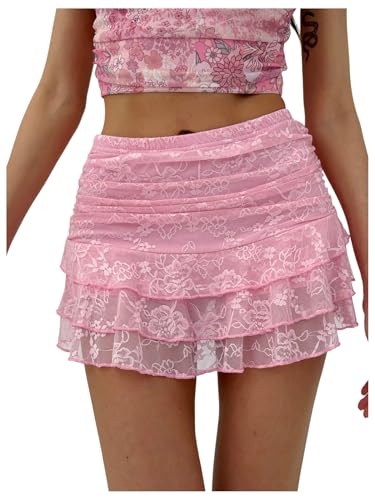 MakeMeChic Women's Floral Lace Mini Skirt Ruched Tiered Ruffle Y2k Skirts