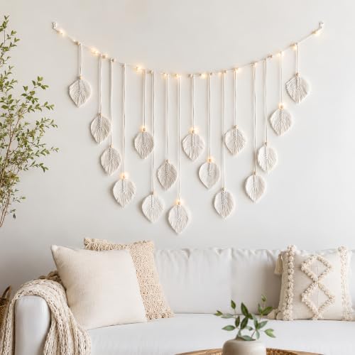 Makramee Wandbehang in Blattform, Weiß, mit 3m LED-Lichterkette – Boho Deko – Bild 7