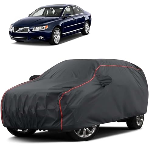 Image of Sulfar 100% Water Resistant Car Body Cover Compatible with Mirror for Volvo S80 (Triple Stitched, Full Bottom Elastic, Dark Grey Taffeta with Red Piping)
