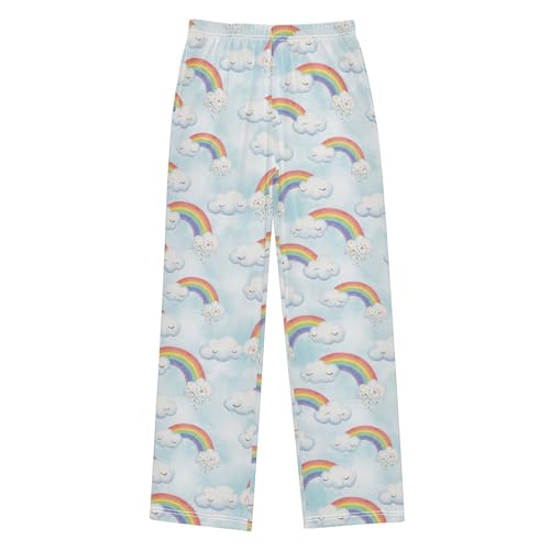 Yuiboo Elastic Waist Loungewear Sleepwear Rainbows Clouds Light Blue Lounge Pajama Pants Indoor Outdoor With 2 Pockets 9-10Y