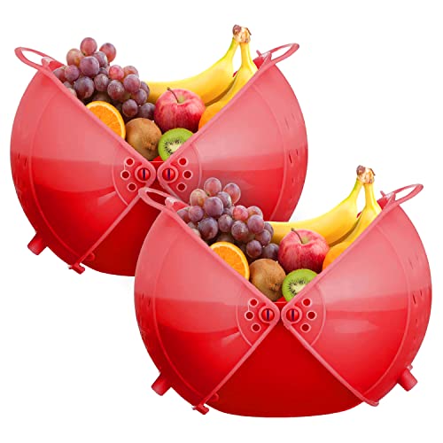 Image of Kuber Industries Plastic Drain Basket /Washing Bowl For Fruits, Vegetables, Pasta, Poha With Swinging Lid- Pack of 2 (Red)-50KM01828