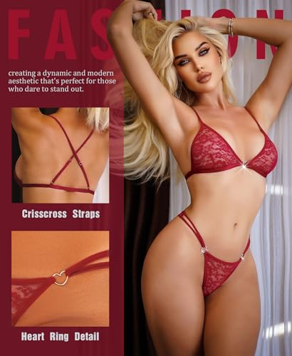 RSLOVE Women's Sexy Lingerie Set - 2 Piece Floral Lace Bra and Panty Sets Exotic Lingerie with Heart Ring Detail4