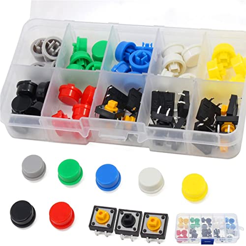DAOKAI 50 interruptores táctiles SMD PCB interruptor de botón micro momentáneo 4 pines kit en caja 7 colores tapa redonda rojo/amarillo/azul/verde/gris/blanco/negro para Arduino Cover
