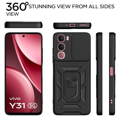 Image of Pikkme Back Cover for Vivo Y31 5G | 360 Protection Case | Sliding Camera Shield Cover & Ring Holder Stand D10 Tough Armor Bumper Case (Black)