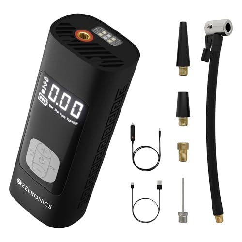 Image of ZEBRONICS 19TI6, Tyre Inflator, 150 PSI, 6000mAh, Super Fast Inflation, Power Bank Function, Type-C, Included 12V Car Adapter, Wired & Wireless Mode, SOS Mode, Flashlight, for Car | Bike | Bicycle