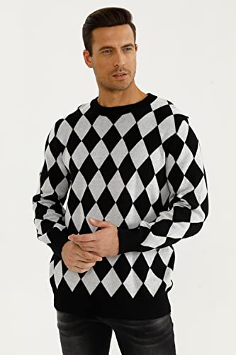 Gingtto Mens Long Sleeve Pullover Sweater Retro Argyle Sweater Slim Fit For Men Black And White 2Xl #TOP1