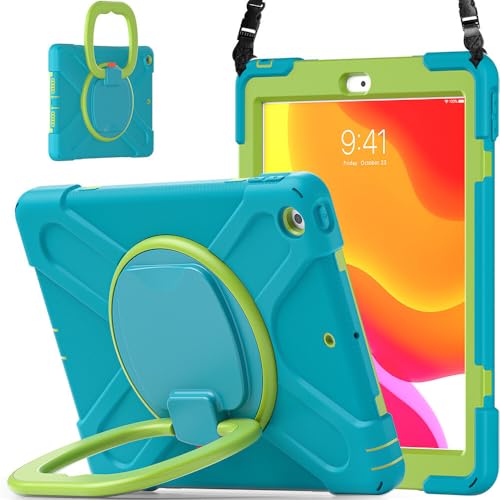 Étui iPad 10.2 JZ antichoc bleu clair avec support rotatif et bandoulière pour modèles 7 8 9G