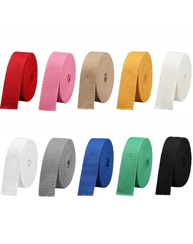 Cotton Webbing 1 Inch 10 Rolls Polyester-Cotton Webbing Straps for Bags Handle 3 Yards per Roll Soft Heavy Duty for Tote Bag Purse Strap DIY Crafts (10 Colors)