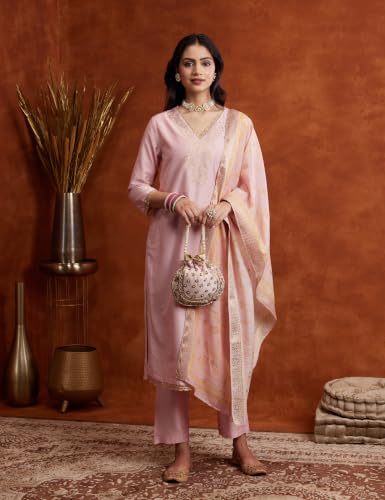 Image of Amazon Brand - Myx Women's V Neck Embroidered Kurta Set With Dupatta | Salwar Suit Set (Available In Plus Sizes)