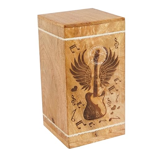 Image of Handcrafted Floral Engraved Wooden Urns for Human Ashes Adult Large - Cremation Urn for Ashes - Burial Urn for Columbarium - Funeral Urn Box (Guitar Wings, 250 LB - Hardwood)