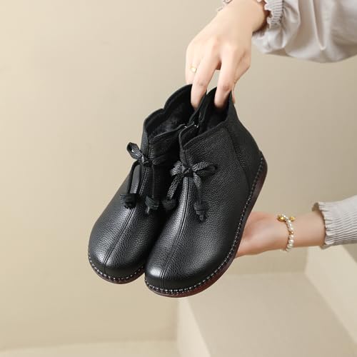 Women's Genuine Leather Bow-Knot Flat Ankle Boots Retro Velvet Lining Round Toe Side Zipper Beef Tendon Sole High Top Casual Shoes Comfortable Warm Walking Booties3