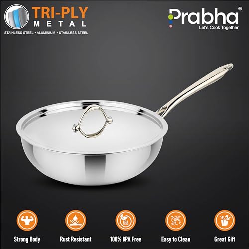 Image of Prabha Stainless Steel Prima Wok, Included Lid, Kadhai for Kitchen, 22cm, 2.2 L Capacity, Steel Wok with Stay Cool Handle, Induction and Gas Stove Compatible