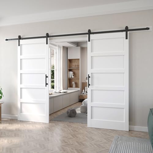 Image of FREDBECK White Barn Door 72x80 (Double 36in x 80in) with Hardware Kit & Handle Included,5-Panel Interior Doors,Water-Proof PVC Surface,Pre-Drilled Holes,Need Assembly