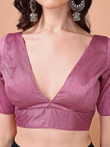 Image of Womanista Women's Dupion Silk Half Sleeve Solid V Neck Readymade Saree Blouse Stylish