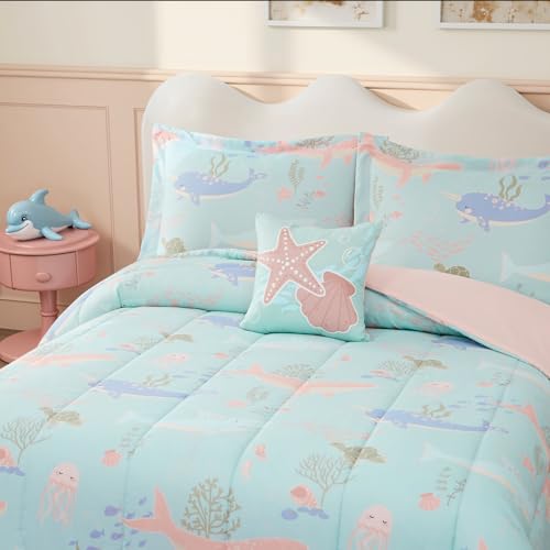 Glow in The Dark Kids Comforter Set Full Size for Girls, Ocean Animals Bedding Set 1 Comforter, 1 Decor Pillow, 2 Pillow Shams