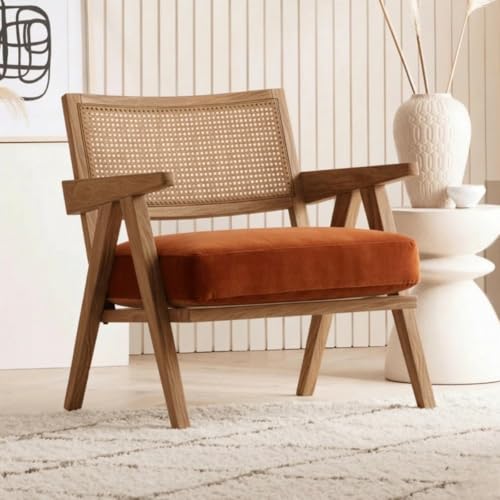 Image of Kingsman Furnitures ABEL Rattan Teak Wood Accent Arm Chair for Home Bedroom, Living, Dining, Drawing Room | Ultra Soft and Comfortable for Stress Free | Removable Cushion (KF-Bronx-BurntOrange-Velvet)