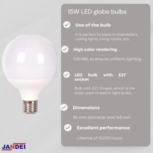 JANDEI, 2 x Globe LED Bulb, G95 E27 Screw, 15W (Equivalent to 100W) Cold White Light 6000K, 1200 Lumens, Living Room, Home - Image 3