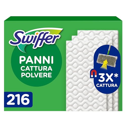 Swiffer Dry, Ricariche Microfibra Catturapolvere, 216 Panni, Giga Pack | Cattura 3 Volte Più Polvere e Peli di Animali/Capelli Rispetto alla Scopa Tradizionale, Ottimo e Sicuro per Tutti i Pavimenti