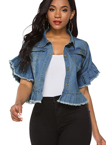Suvimuga Women's Denim Jacket Button Down Distressed Ruffle Sleeve Crop Jean Jackets Coat DenimBlue XL