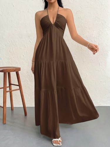 Image of Narecte Women's Maxi Summer Dresses Halter V Neck Beach Dresses for Women A-Line Casual Dress for Vacation