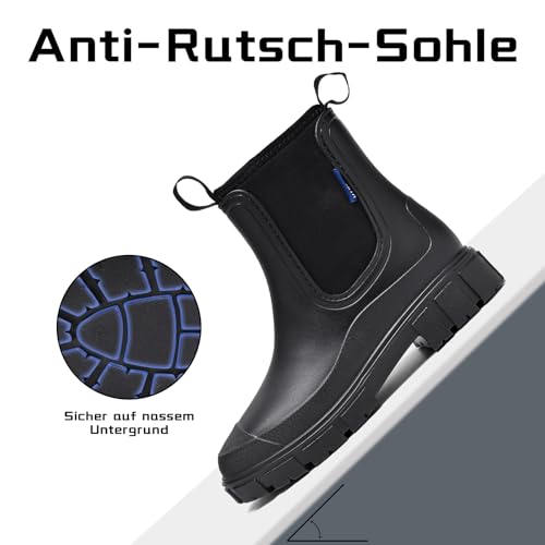 GemChve Gummistiefel Damen Gefüttert Wasserdicht Gummistiefel Halbhohe Chelsea Boots rutschfeste Stiefeletten Regenstiefel Regenschuhe Gummistiefeletten Warm Gartenschuhe Black 40EU
