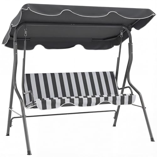 Outsunny Balancelle de Jardin 3 Places - Toit imperméable, Inclinaison réglable, Coussins et Dossier, Acier et Polyester, Gris et Blanc rayé, 1,7 x 1,1 x 1,53 m