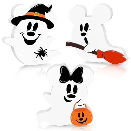 Halloween Mouse Shaped Cute Ghost Table Decor 3 Pcs White Ghost Wooden Signs Witch Pumpkin Spider Wood Centerpiece Tabletop Ornament for Holiday Tiered Tray Halloween Party Decoration