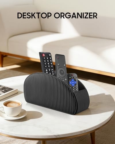 Image of SITHON Remote Control Holder with 5 Compartments - PU Leather Remote Caddy Desktop Organizer Store TV, DVD, Blu-Ray, Media Player, Heater Controllers, Stripe Black