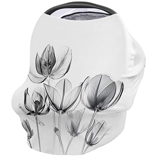 Nursing Cover for Breastfeeding Scarf, Black White Tulips Abstract Flowers Baby Car Covers Super Soft Multi Use for Canopy Shopping Cart Cover Blanket Stroller Cover