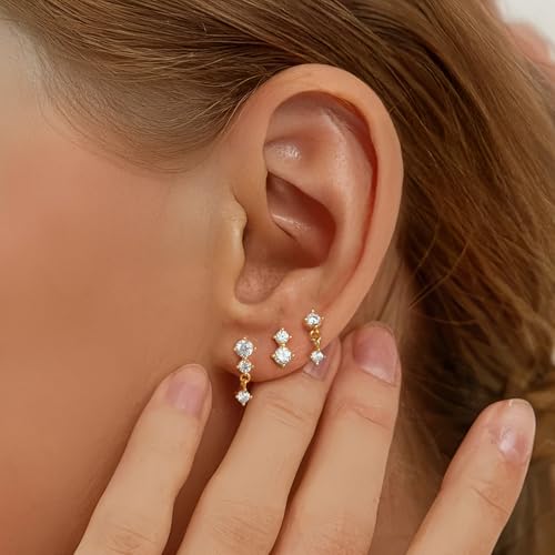 TURANDOSS 3 Pairs Stud Earrings Set for Women - 14K Gold Plated Hypoallergenic Round Cubic Zirconia Stud Earrings, Dainty Everyday Multiple Piercings Jewelry for Women Teen Girls2