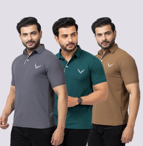 Image of HANABY Men's Summer Polo Solid Half Sleeves Polycotton T-Shirt | Collar Breathable and Comfortable T-Shirt (Pack of 3)