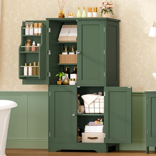 Image of TEENFON 51 inch H Pantry Cabinet with 4 Doors, Kitchen Cabinet with 6 Door Shelves, Kitchen Pantry for Living Room, Dining Room, Bathroom, Green