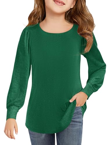 Image of Haloumoning Girls Puff Long Sleeve Shirts Fall Tops 5-14Y | Casual,Solid Color,Crewneck, Soft, Tunic Tops Blouse,Kids Long Sleeve T Shirt,,Fashion Clothes