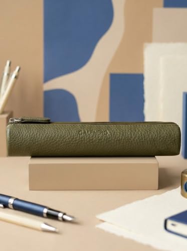 Image of Calfnero Genuine Leather Pen-Case for Men & Women | Premium Green Leather Pencil-Pouch with Zipper | Cylindrical Pen-Holder Organizer for Pen, Pencils & Stationery | Unisex Pen-Sleeve
