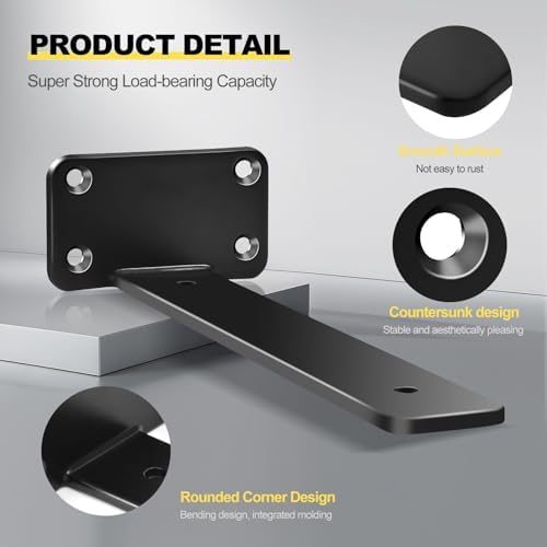 12 Pack - 10 inch Black Hidden L Shelf Bracket (1/5 Inch Thicked) Iron Floating Shelf Brackets Rustic Industrial Metal Brackets for Shelf Support - 4