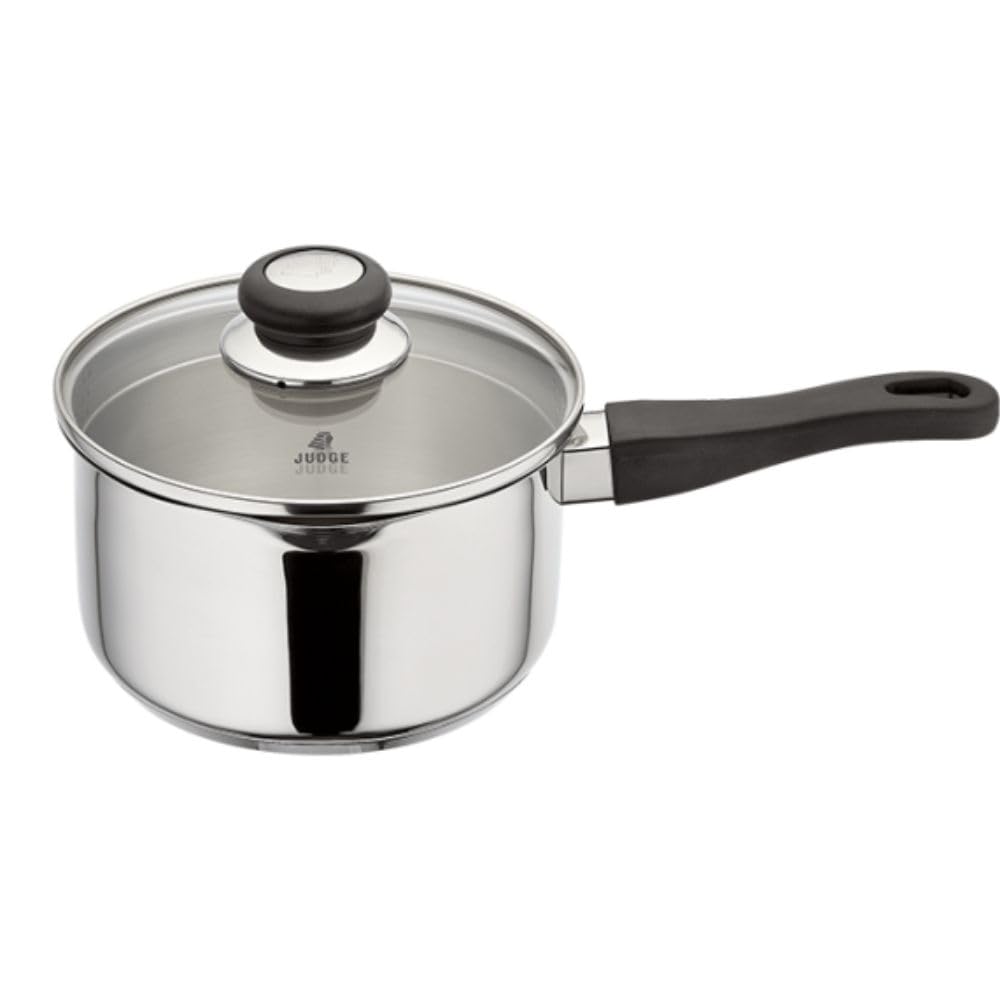 Judge Vista Draining Stainless Steel Large Saucepan with Pouring Lip 18cm 2.1L, Shatterproof Glass Strain & Pour Lid, Induction Ready, Oven Safe — image 1