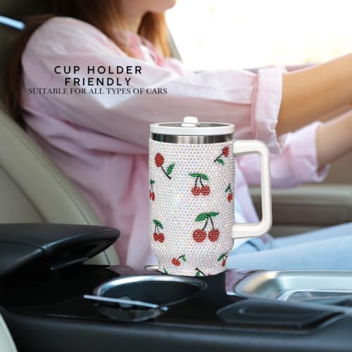 Image of 40 Oz Rhinestone Studded Tumbler with Handle Straw and Lid, Insulated Stainless Steel Double Layer Water Bottle for Women, Reusable Travel Coffee Mug (1200ml) Cherry