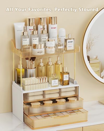 Image of Anylady Bathroom Organizers and Storage, Makeup Organizer (Sturdy Durable Attractive), Ideal for Vanity, Countertop, Counter, Perfume, Skincare, Cabinet, Cosmetic, Dresser Organizer (Gold)