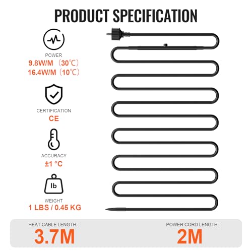 VEVOR Selbstregulierendes Rohrheizkabel, 3,7 m, 16,4 W/m, Heizkabel Frostschutz, Wasserrohr-Heizkabel mit eingebautem Thermostat schützt PVC-Schläuche, Metall- und Kunststoffrohre vor dem Einfrieren