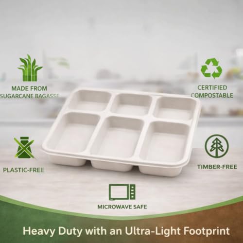 Image of Eco Bagasse 6 Compartment Meal Trays - Eco-Friendly Bagasse Disposable Plates - Strong Oil & Water Resistant Disposable Plates with Compartments for Parties, Catering & Events (Pack of 25)