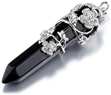 JSDDE Natural Crystal Gemstone Point Necklace Silver Flower Wrapped Healing Stone Necklace for Women