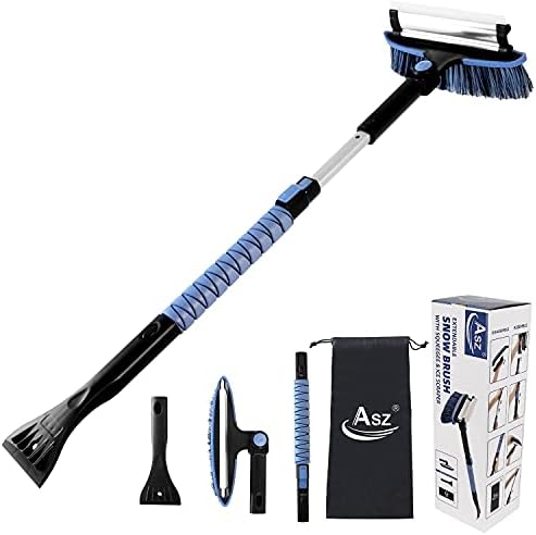 ASZ Ice Scraper and Extendable Snow Brush, 39” Detachable Car Snow Scraper and Brush with Squeegee, Snow Brush with Foam Grip & 270° Pivoting Brush Head, Snow Removal Brush for Car Truck SUV, Blue