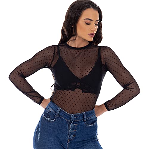 Body Tule Poa Fristyle Manga Longa Transparente Feminino Tamanho:G;Cor:Preto